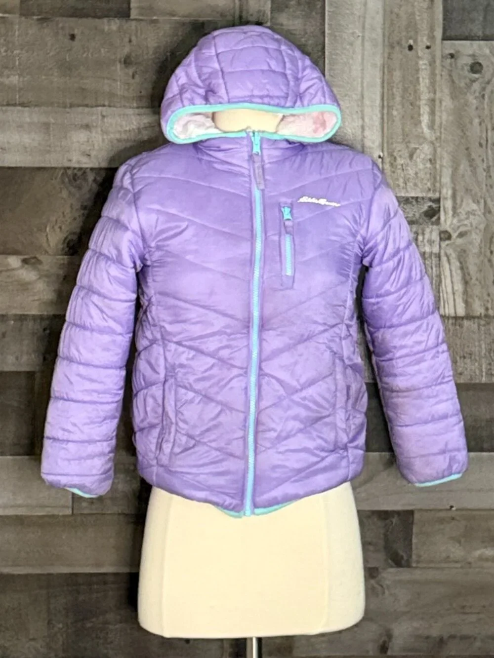 Eddie Bauer violet purple puffer jacket girl medium pastel tie dye fleece winter